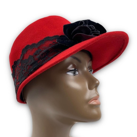 1960's BOLLMAN HAT Co. via KOKIN red wool black rose and lace cap - Picture 13 of 16